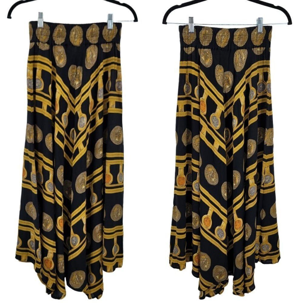 Vtg 80's Skirt Maxi Gypsy Flowy Front Slit Handkerchief Hem Greek Coin Black  XS
